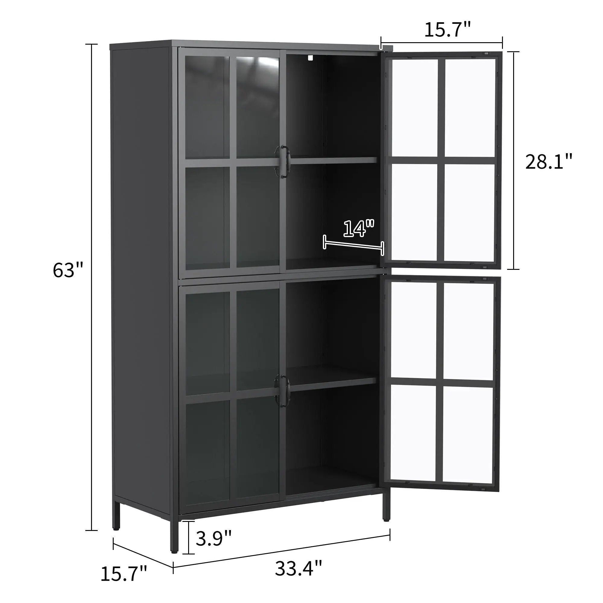 Premium Metal Storage Cabinet With Tempered Glass Doors, Adjustable Shelves, And Anti Tipping Device - Black by Unique Piece Furniture