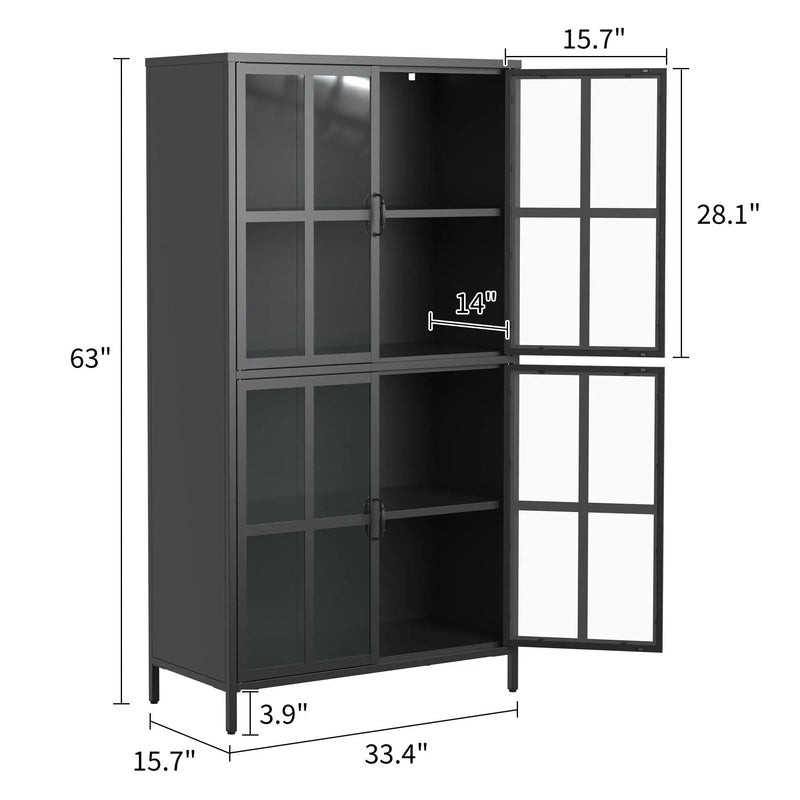 Premium Metal Storage Cabinet With Tempered Glass Doors, Adjustable Shelves, And Anti Tipping Device - Black by Unique Piece Furniture