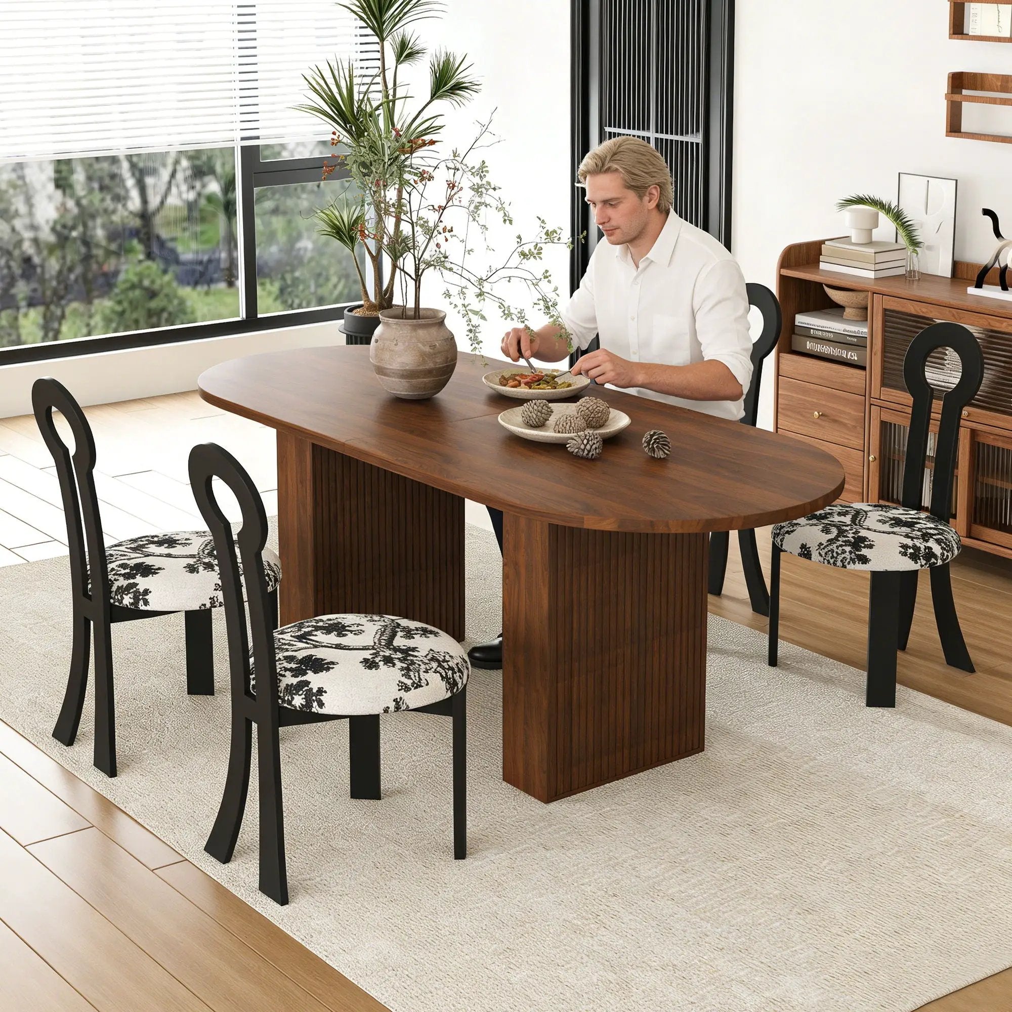 Oval Dining Table For 6 With 4 Upholstered Chairs - Walnut / Black by HouseOfZazla