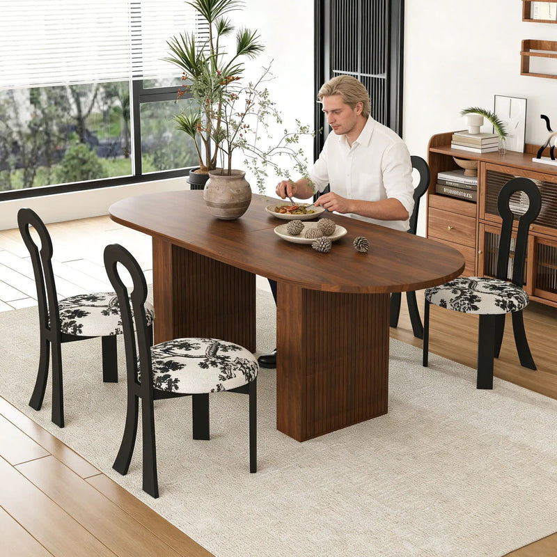Oval Dining Table For 6 With 4 Upholstered Chairs - Walnut / Black by HouseOfZazla
