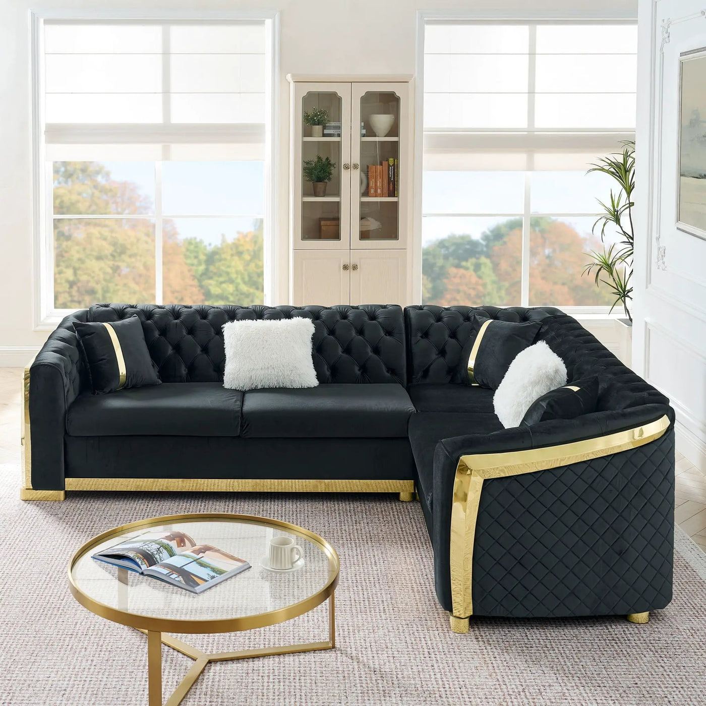 L Shaped Chesterfield Sectional Sofa With Stainless Steel Accents by Unique Piece Furniture
