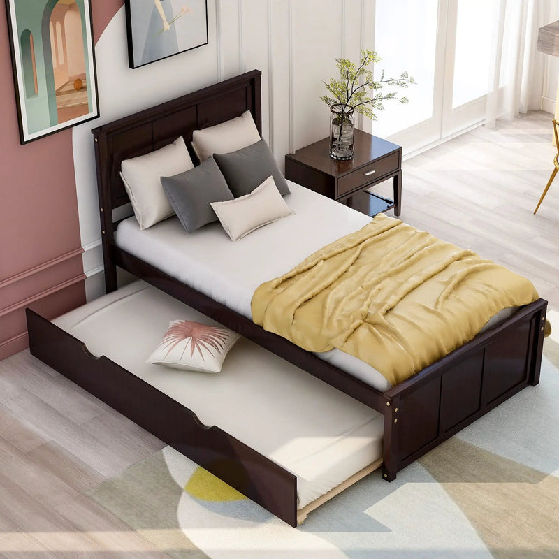 Platform Bed With Twin Trundle, Twin Size - Espresso by Unique Piece Furniture