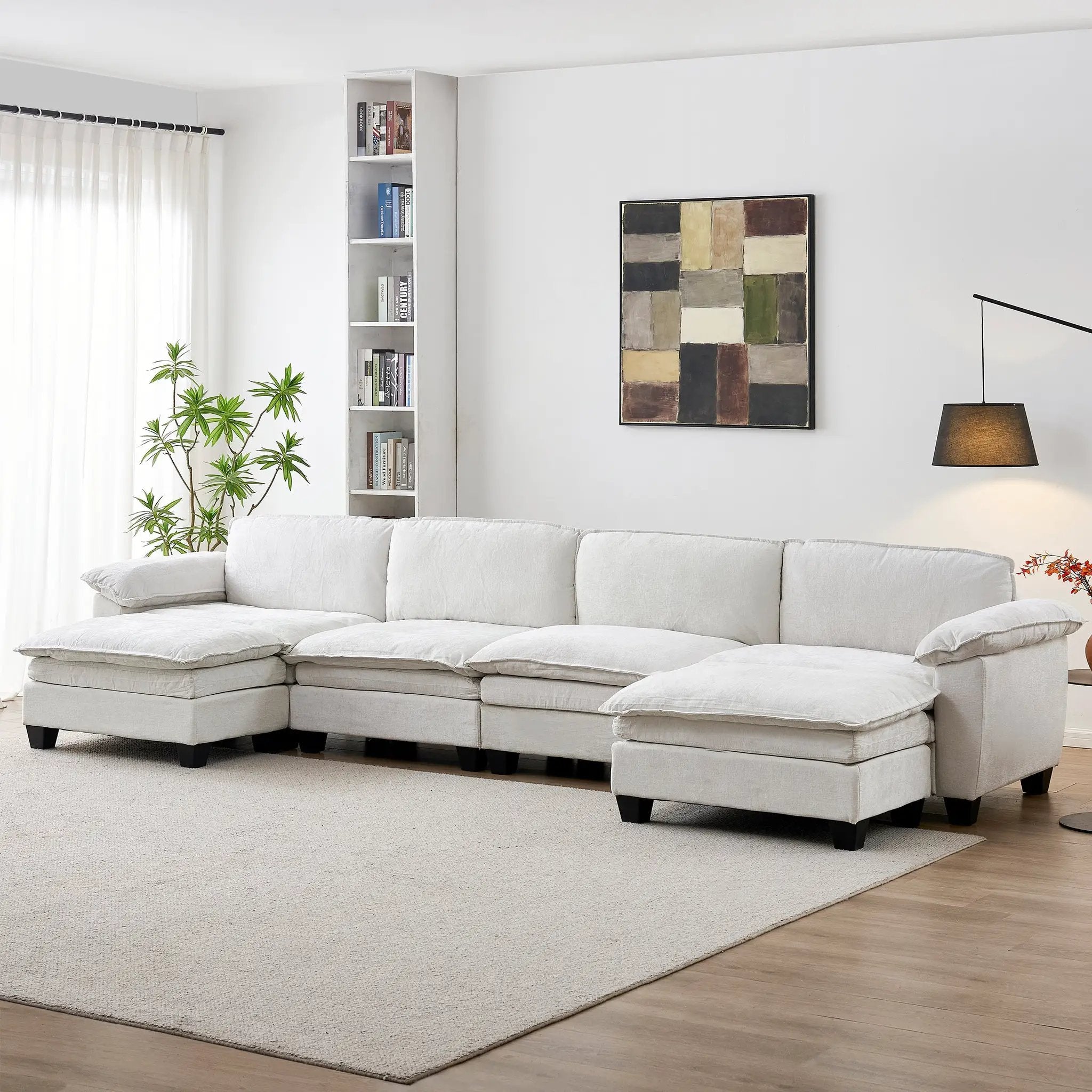 Living Room Furniture Sofa Luxury Couch Four Seater with Two Ottomans Soft Chenille Upholstered U Shape Sofa by HouseOfZazla