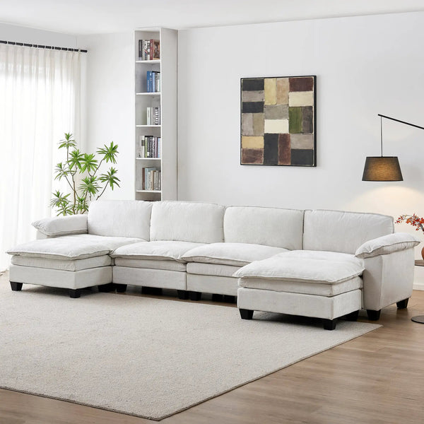 Living Room Furniture Sofa Luxury Couch Four Seater with Two Ottomans Soft Chenille Upholstered U Shape Sofa, photo 2 of 10