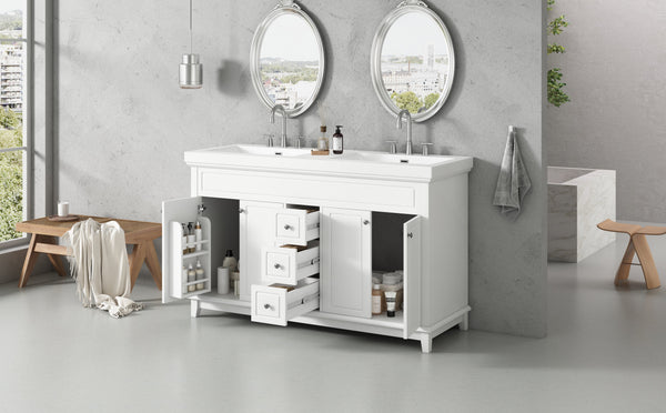60" Bathroom Vanity with Resin Double Sinks, 3 Drawers & 4 Doors - White, photo 2 of 10