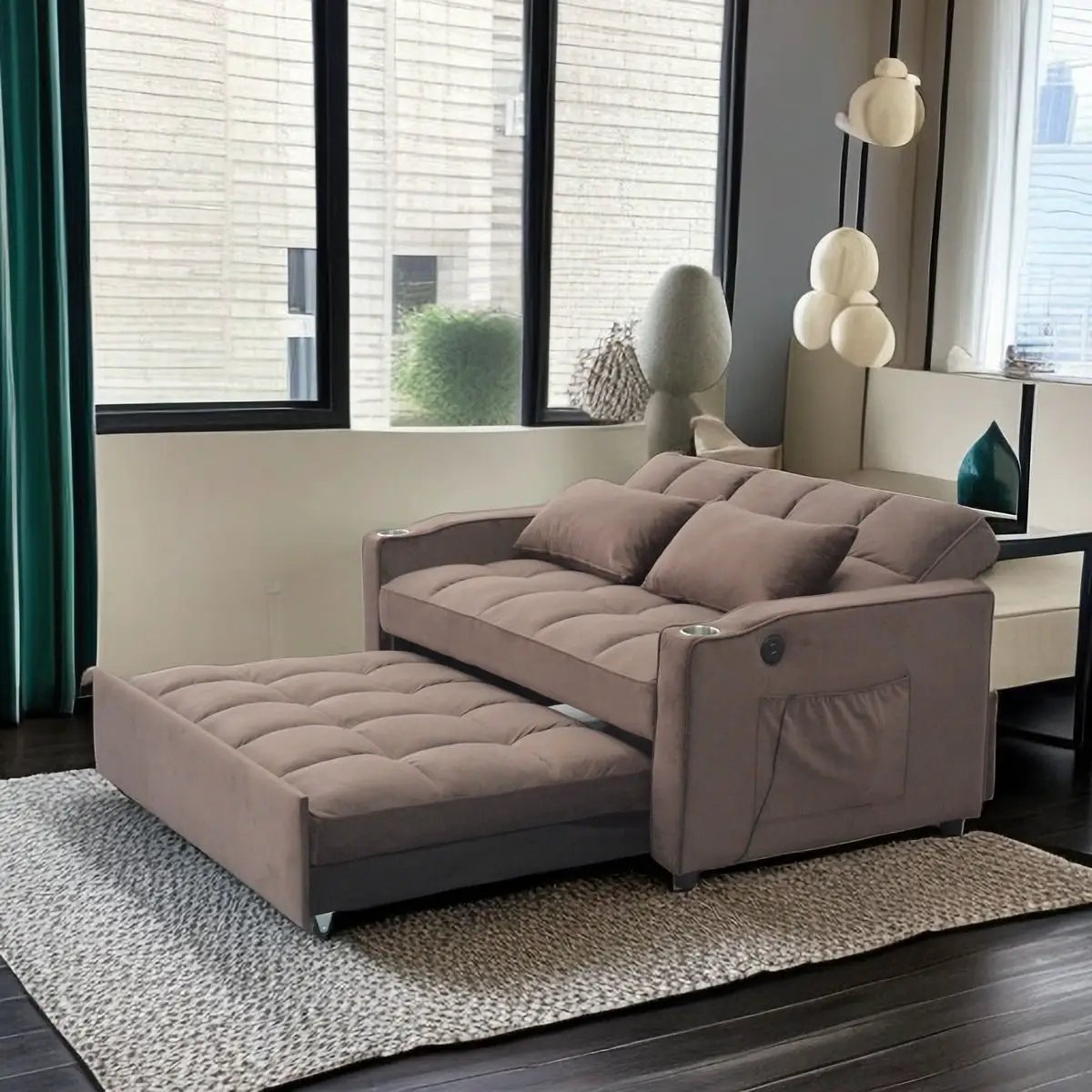 3 In 1 Convertible Sleeper Sofa Bed, Modern Fabric Loveseat Futon Sofa Couch With Pullout Bed, Small Love Seat Lounge Sofa With Reclining Backrest, Furniture For Living Room by Unique Piece Furniture