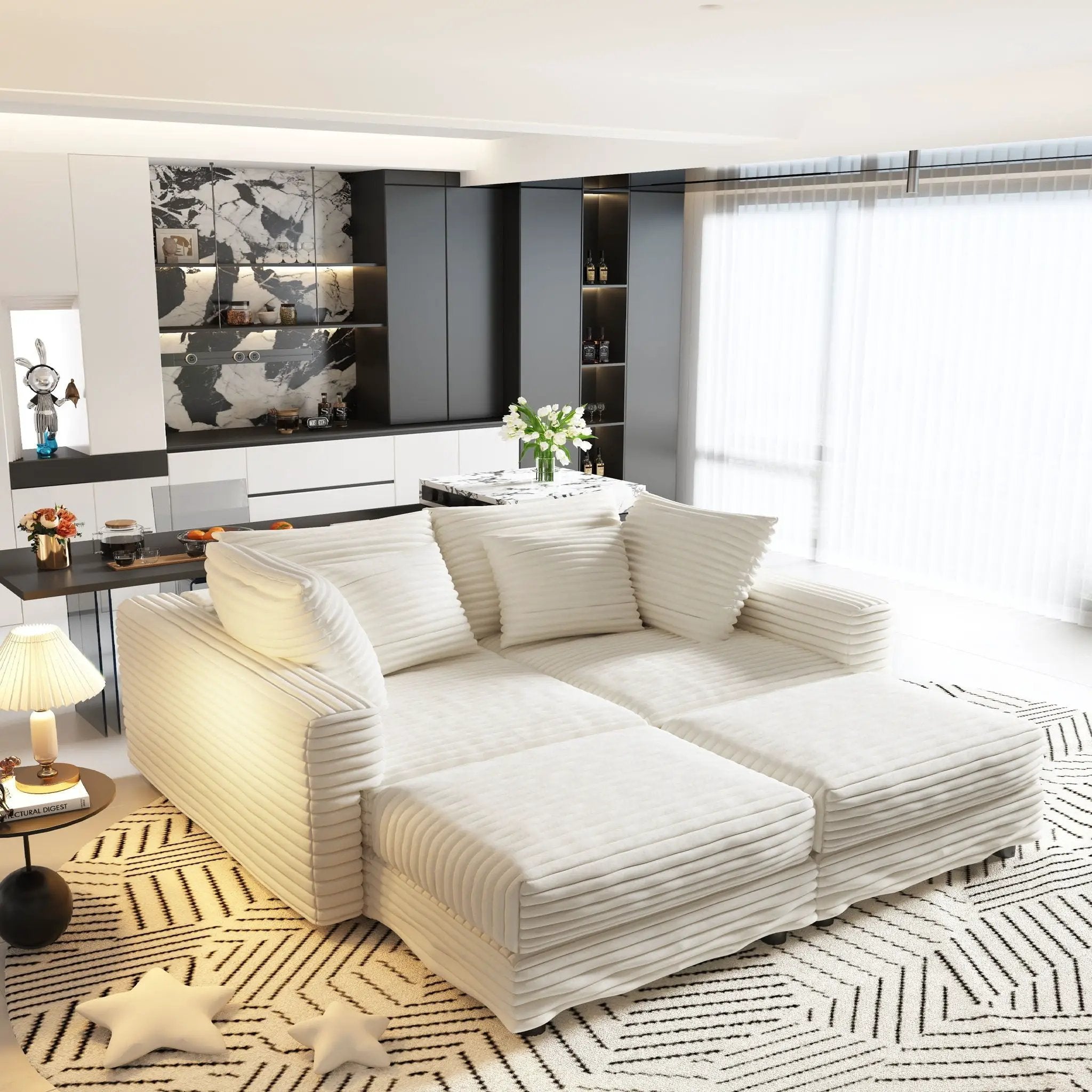 Deep Seat Convertible Sofa With Soft Pillows And Ottomans
