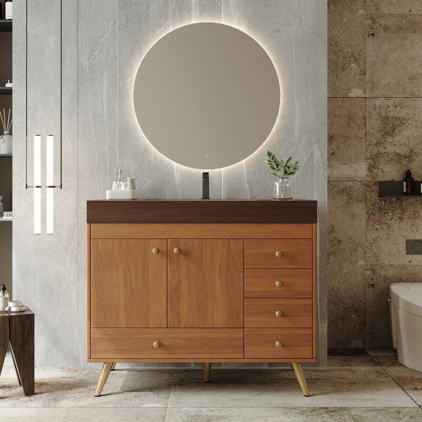 36" Freestanding Bathroom Vanity with Faux Marble Top, Ceramic Sink, 5 Drawers & Stainless Steel Legs by HouseOfZazla
