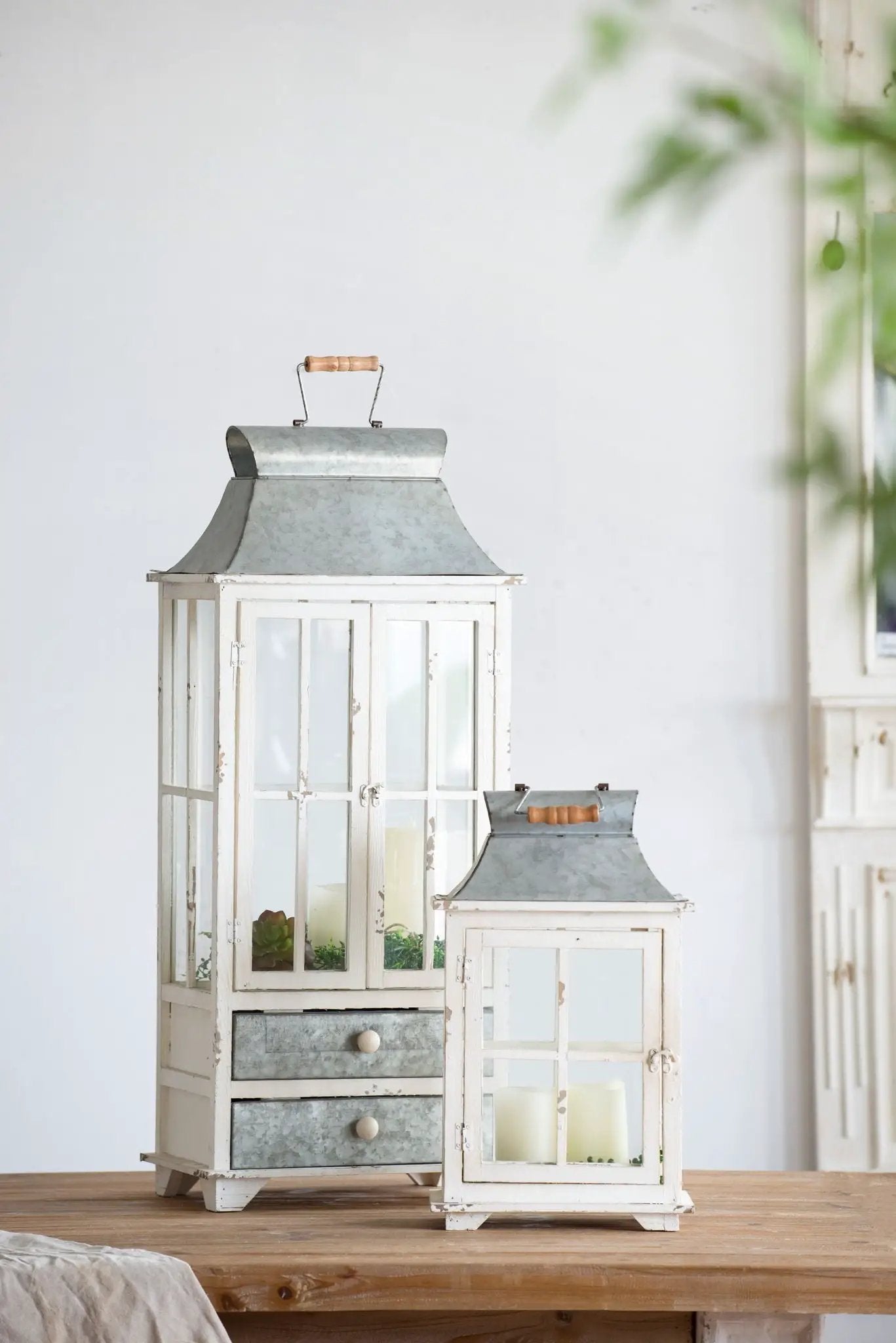 Wooden Candle Lantern Decorative, Hurricane Lantern Holder Decor For Indoor Outdoor, Home Garden Wedding - Ivory by Unique Piece Furniture