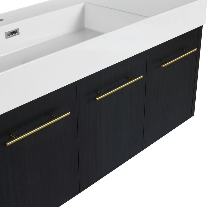 Modern Chestnut Wall Mounted Bathroom Vanity With Left Resin Sink And Storage Rack - Black Chestnut by HouseOfZazla