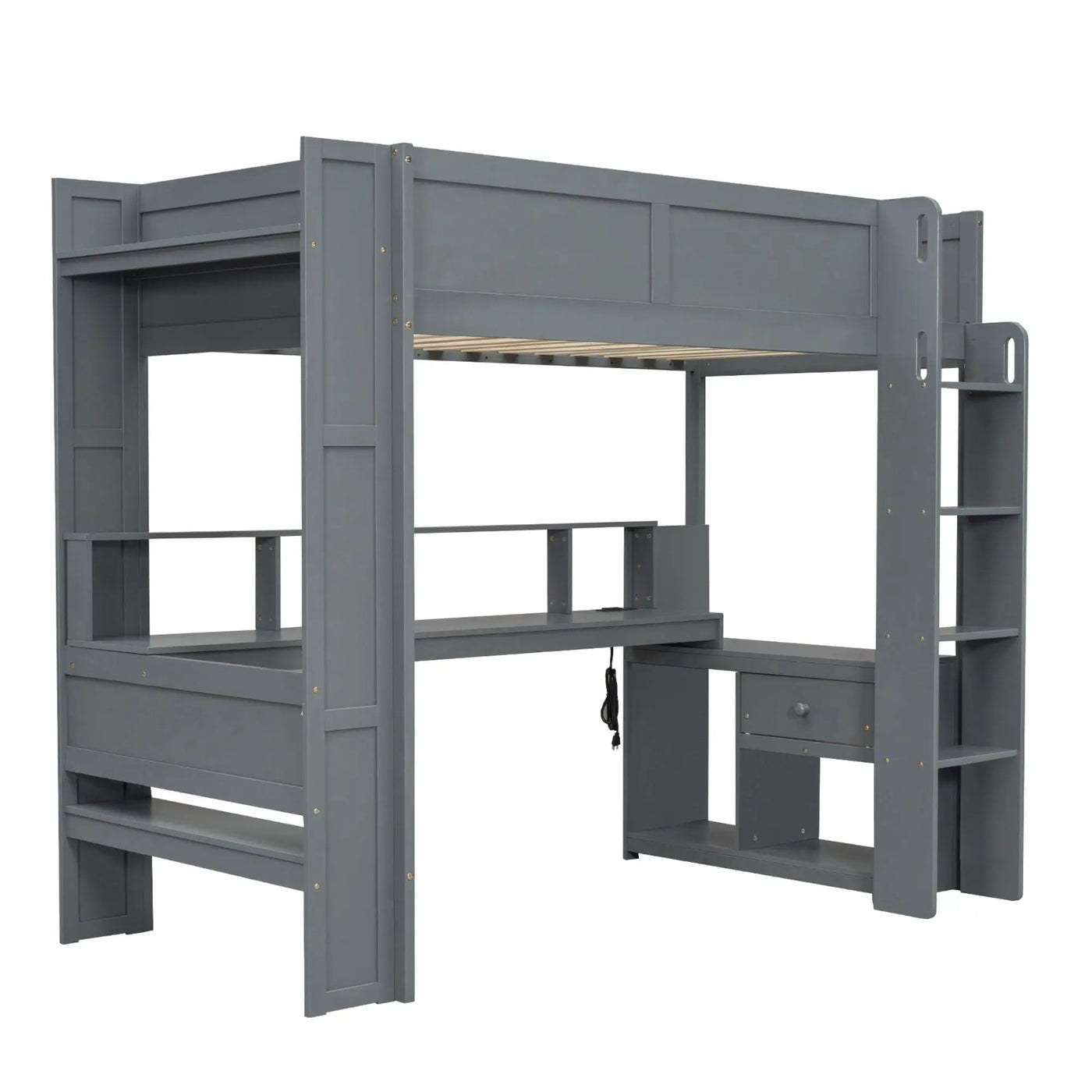 Gaming Loft Bed With Desk, Multi Storage Shelves, LED And Charging Station by HouseOfZazla