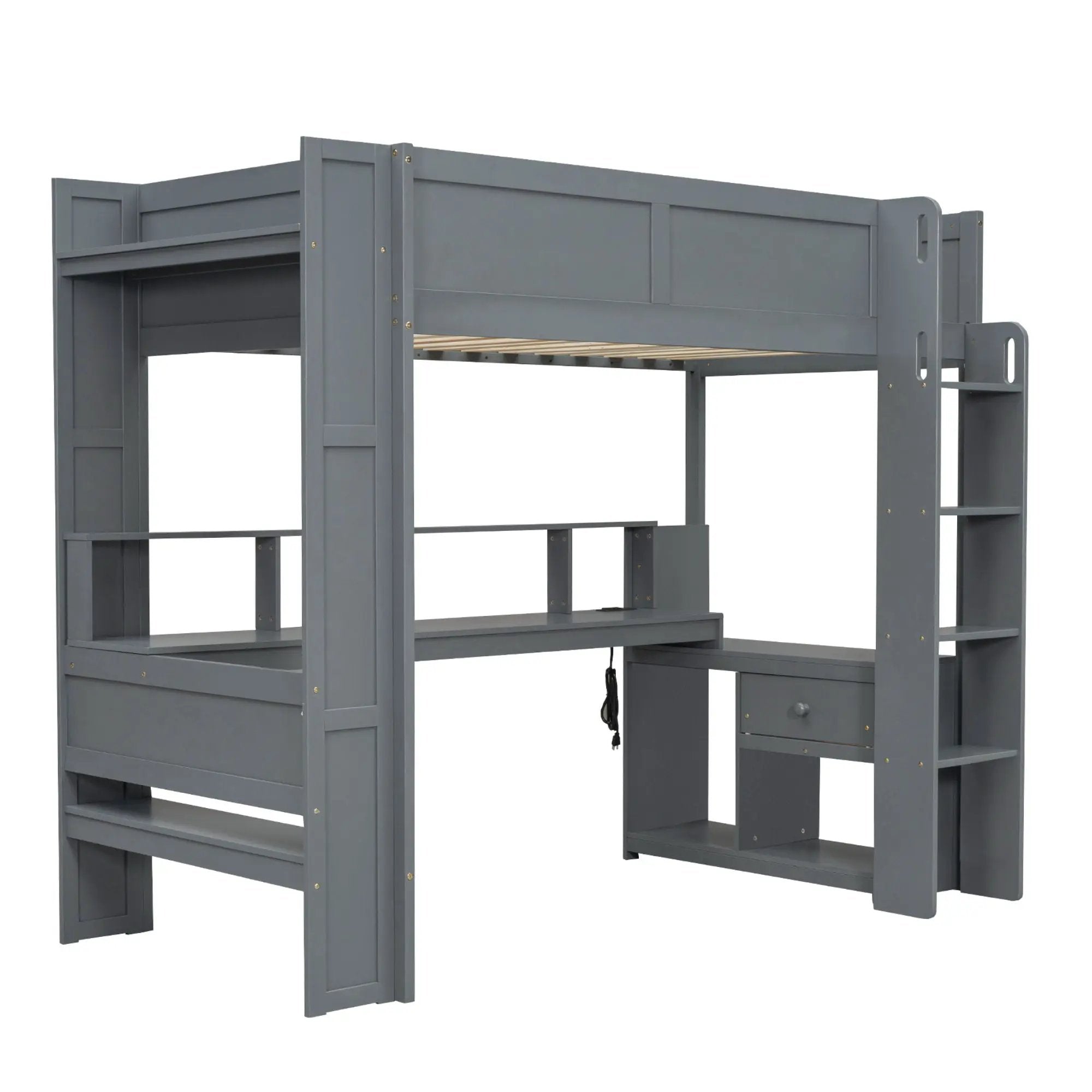 Gaming Loft Bed With Desk, Multi Storage Shelves, LED And Charging Station by HouseOfZazla