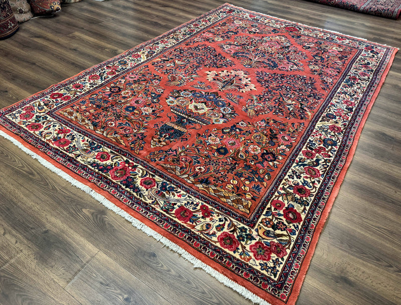 Persian Sarouk Rug 7x10, Red and Ivory, Floral Bouquets, Birds by Jewel Rugs
