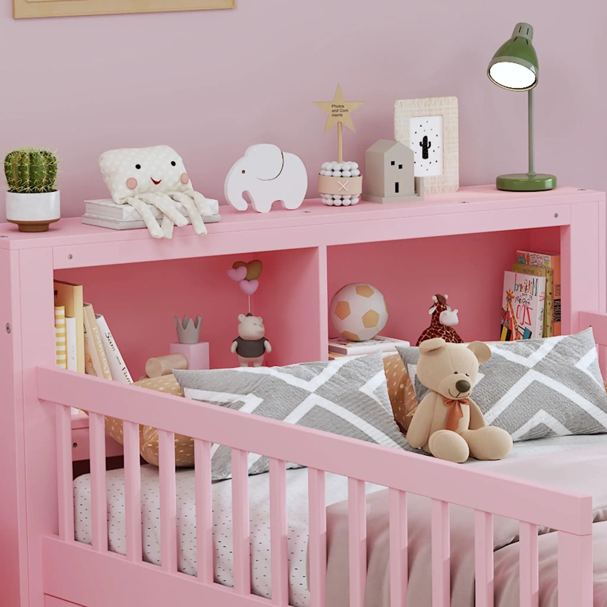Bed With Headboard Storage Rack, 2 Under Bed Drawers, 3 Side Guardrails For Safety by HouseOfZazla