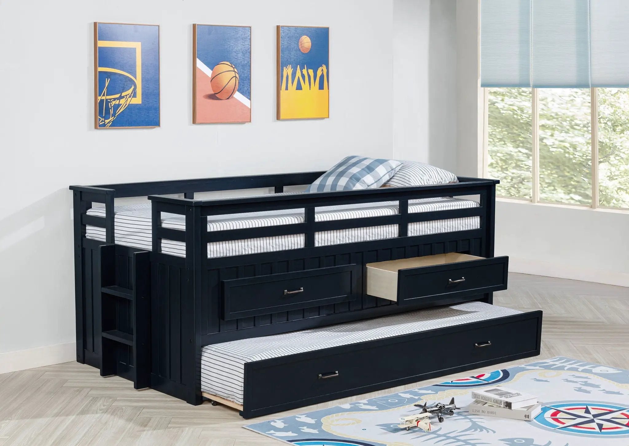 Carlsbad Wood Twin Captains Bed With Trundle Navy Blue by Unique Piece Furniture