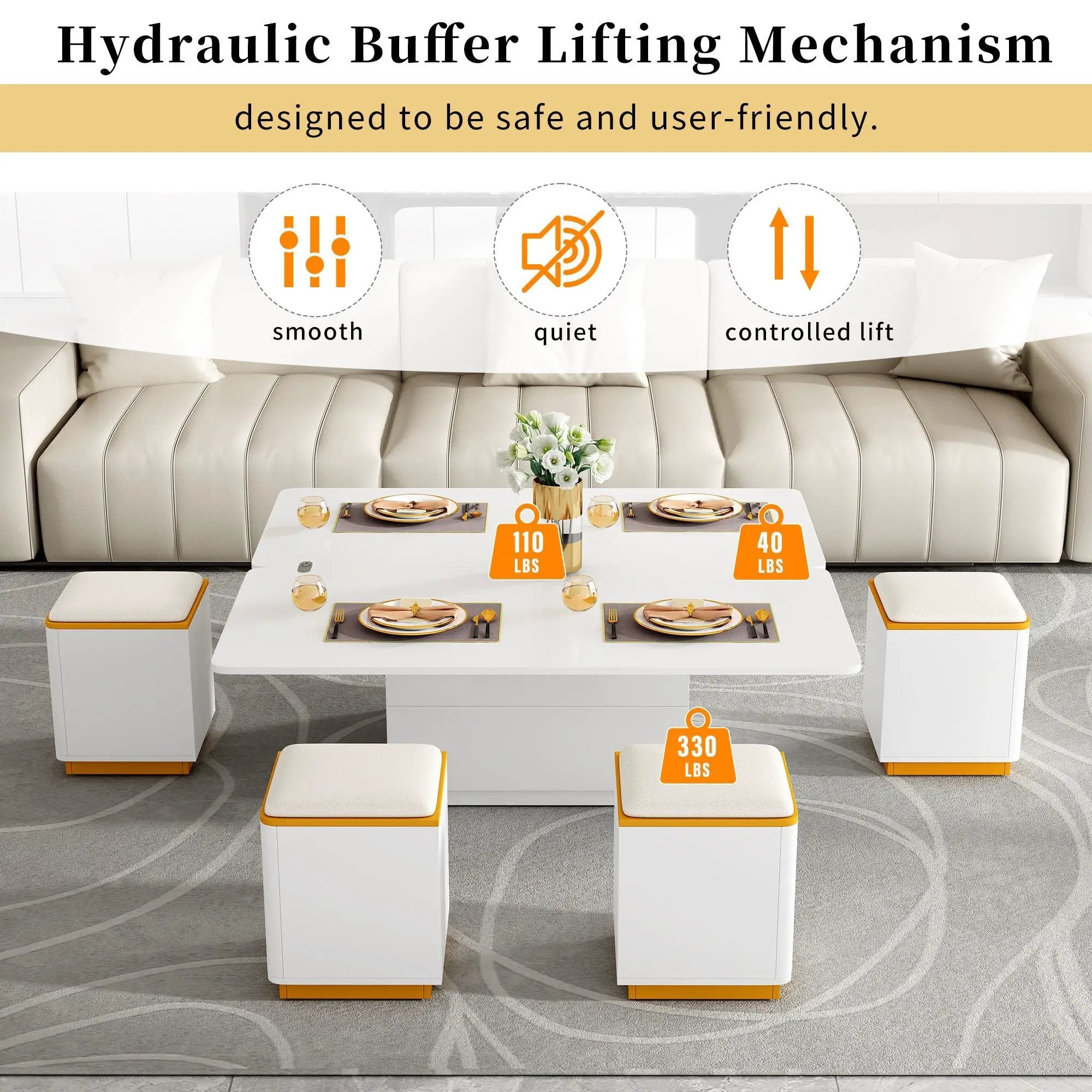 Lift Top Coffee Table With 4 Storage Stools by Unique Piece Furniture