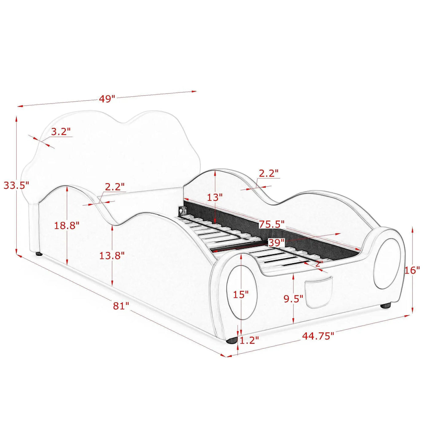 Cute Cloud Shape Bed With Guardrails Cartoon Design, Storage Pocket by Unique Piece Furniture