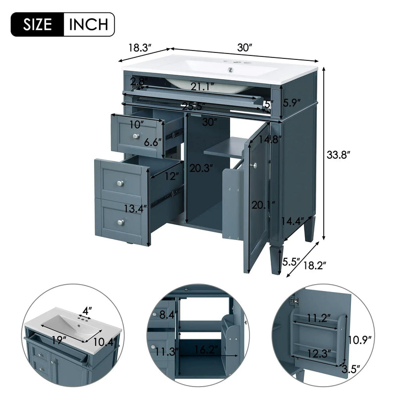 Bathroom Vanity With Top Sink, Storage Cabinet With 2 Drawers And Tip Out Drawer, Rectangular Design - Blue by Unique Piece Furniture