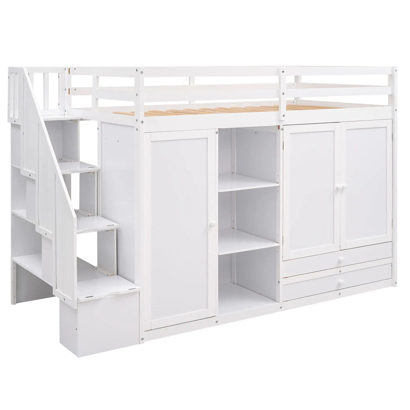 Loft Bed With 3 Shelves, 2 Wardrobes, 2 Drawers, Ladder Storage by HouseOfZazla