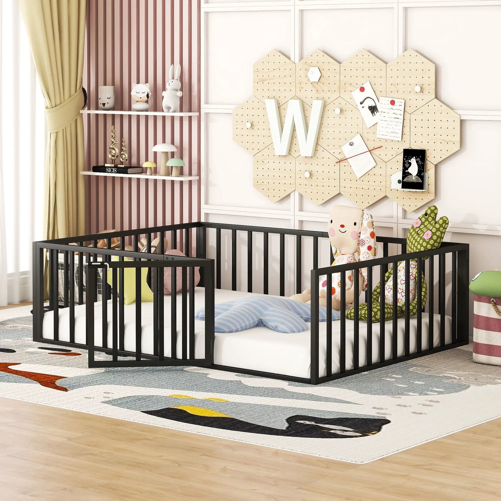 Metal Floor Bed Frame With Fence And Door by HouseOfZazla