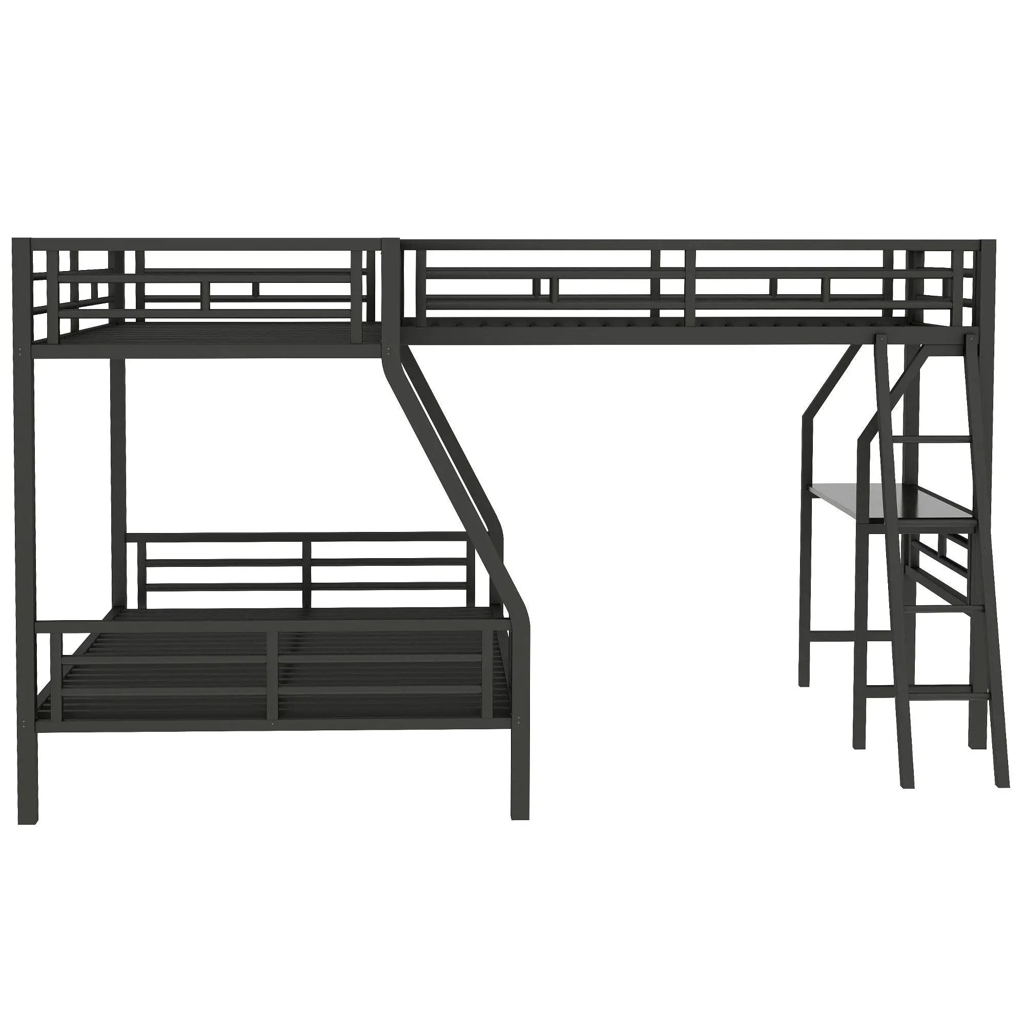 Twin Over Full Bunk Bed With Loft And Desk, L-Shaped Design For 3 Sleepers - Black by HouseOfZazla