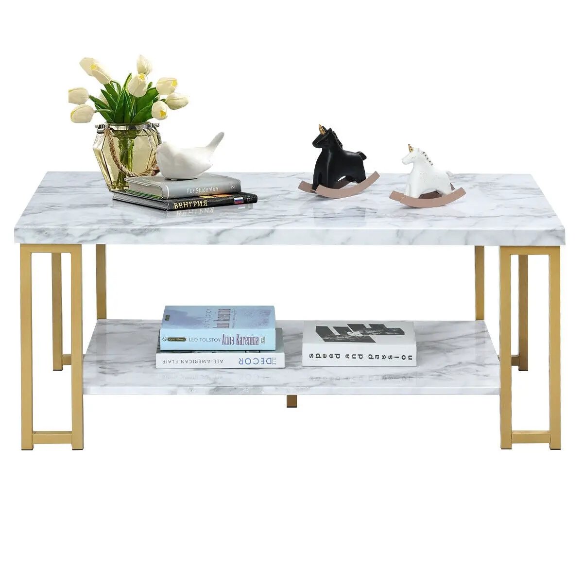 2-Tier Rectangular Modern Coffee Table with Gold Print Metal Frame by DirectDeals