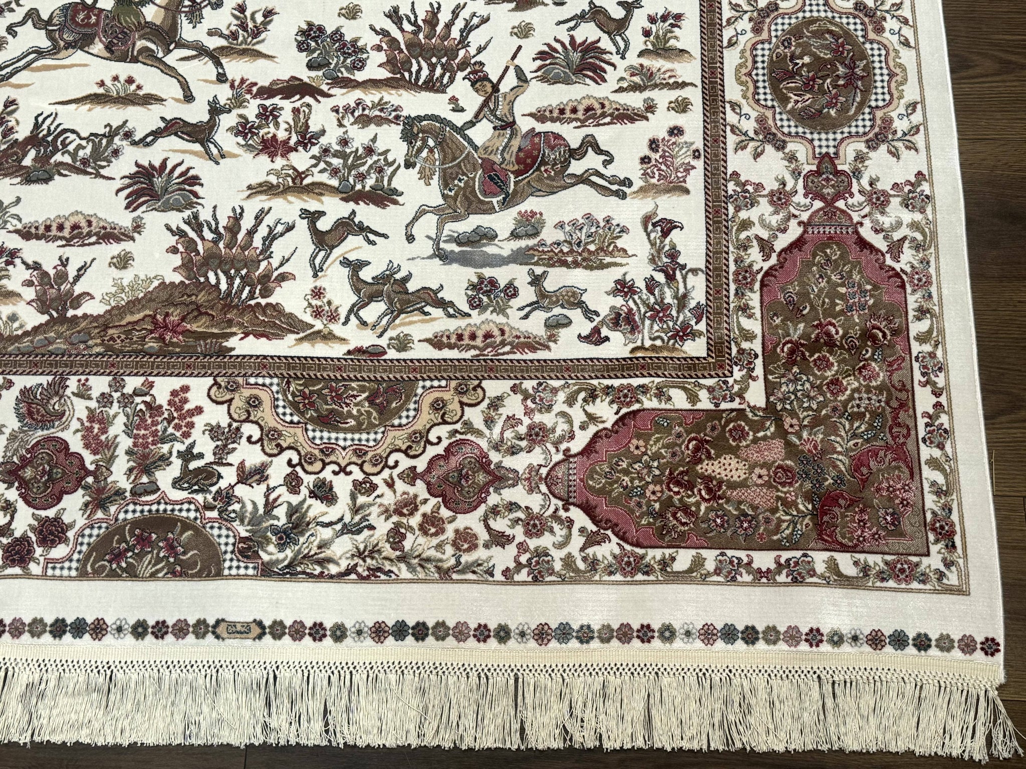 Turkish Silk Rug 5x8, Ivory, Hunting Design, Animal Pictorials, Bamboo Silk by Jewel Rugs