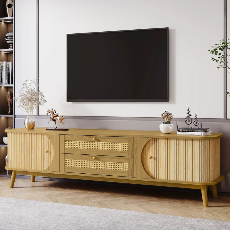 Rattan TV Stand For Tvs Up To 75'', Modern Farmhouse Media Console, Entertainment Center With Legs, TV Cabinet For Living Room, Home Theatre - Natural Wood by Unique Piece Furniture
