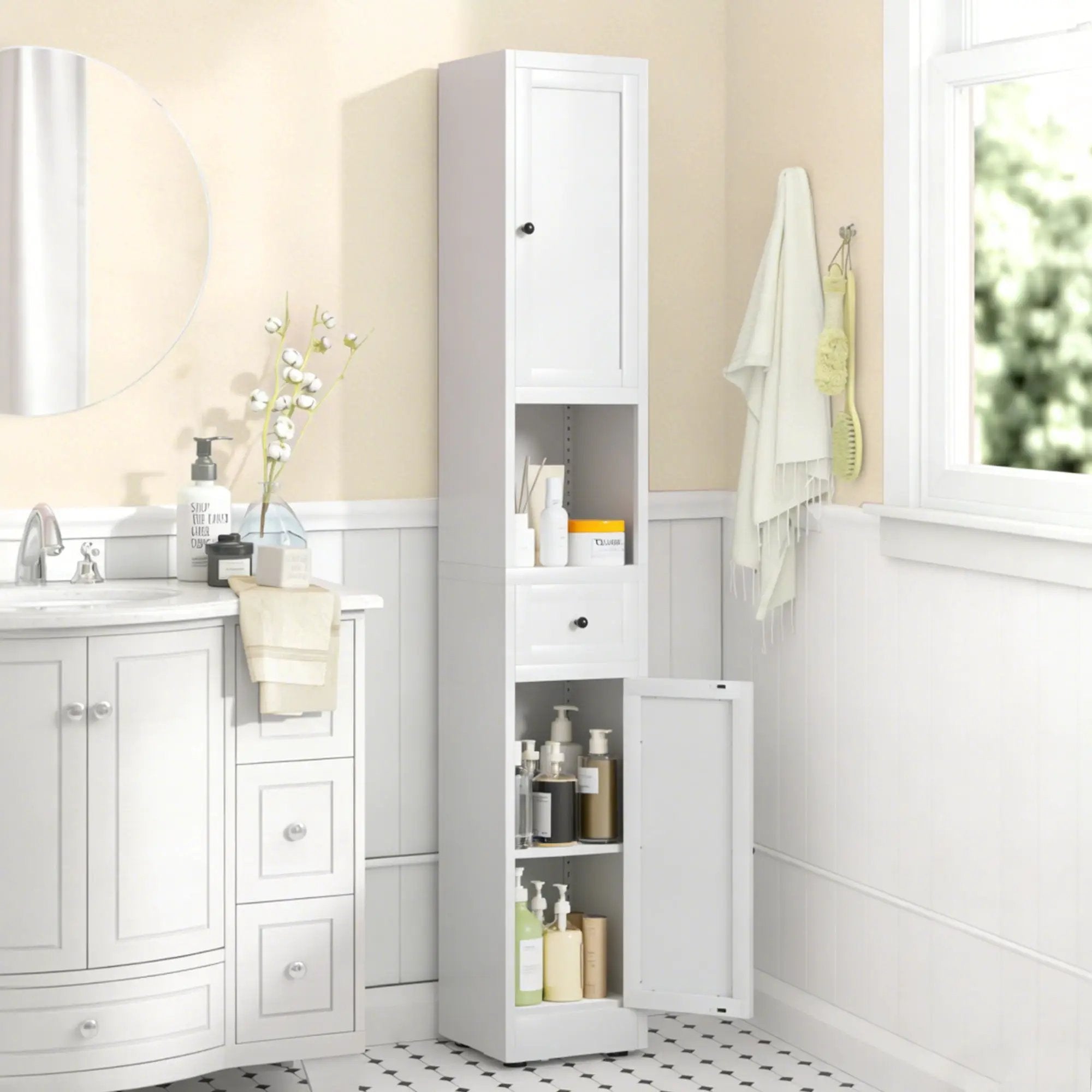Tall Narrow Bathroom Cabinet With 5-Tier Storage, Adjustable Shelves, Freestanding - White by Unique Piece Furniture