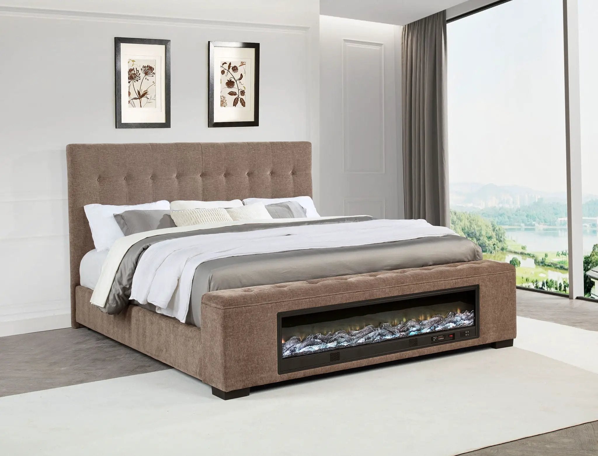 Senna Upholstered Eastern King Audio Flame Visualizer Bed Brown by Unique Piece Furniture