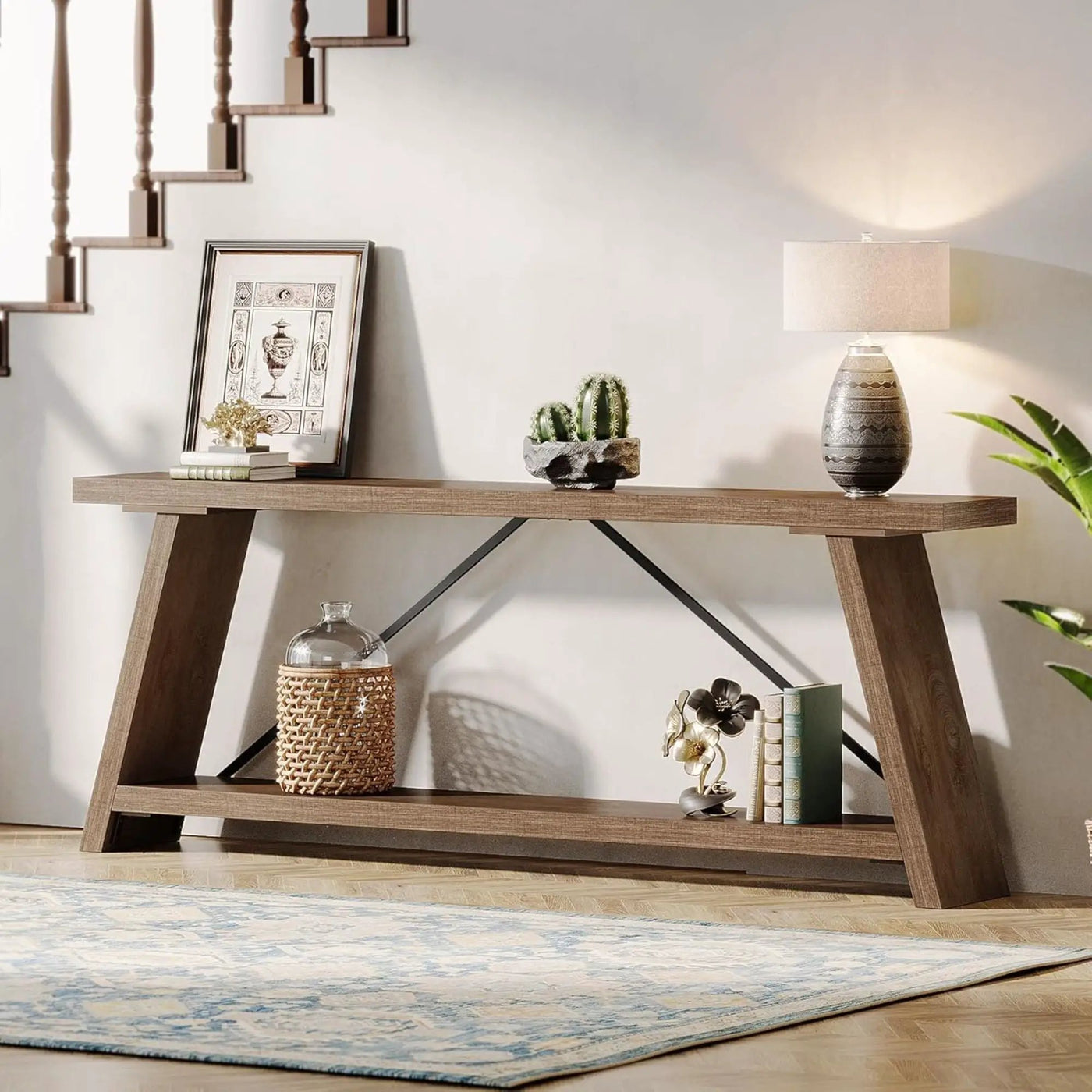 Console Table Extra Long Sofa Table With 2 Tier Shelves For Living Room by HouseOfZazla
