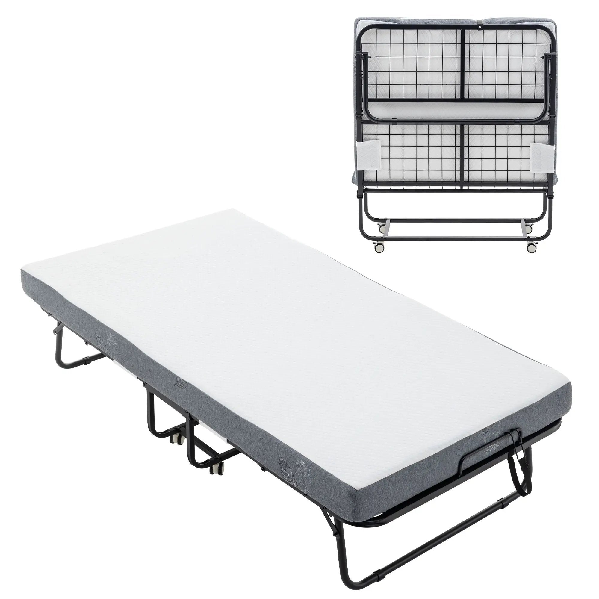 Foldable Metal Frame Bed For Guest With Memory Foam Mattress On Wheels, Saving Space Rollaway Bed by HouseOfZazla