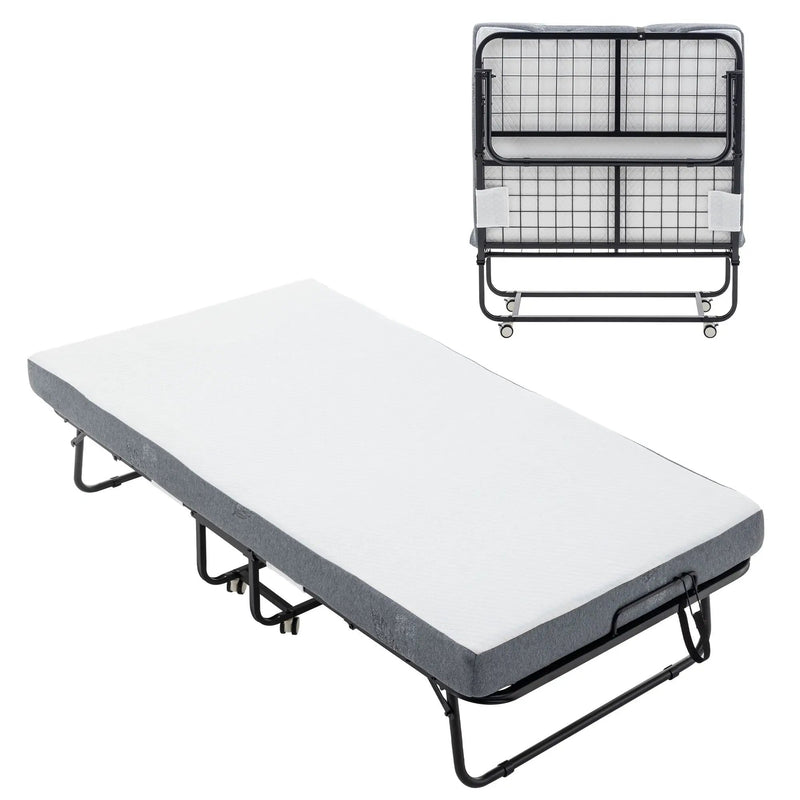 Foldable Metal Frame Bed For Guest With Memory Foam Mattress On Wheels, Saving Space Rollaway Bed by HouseOfZazla