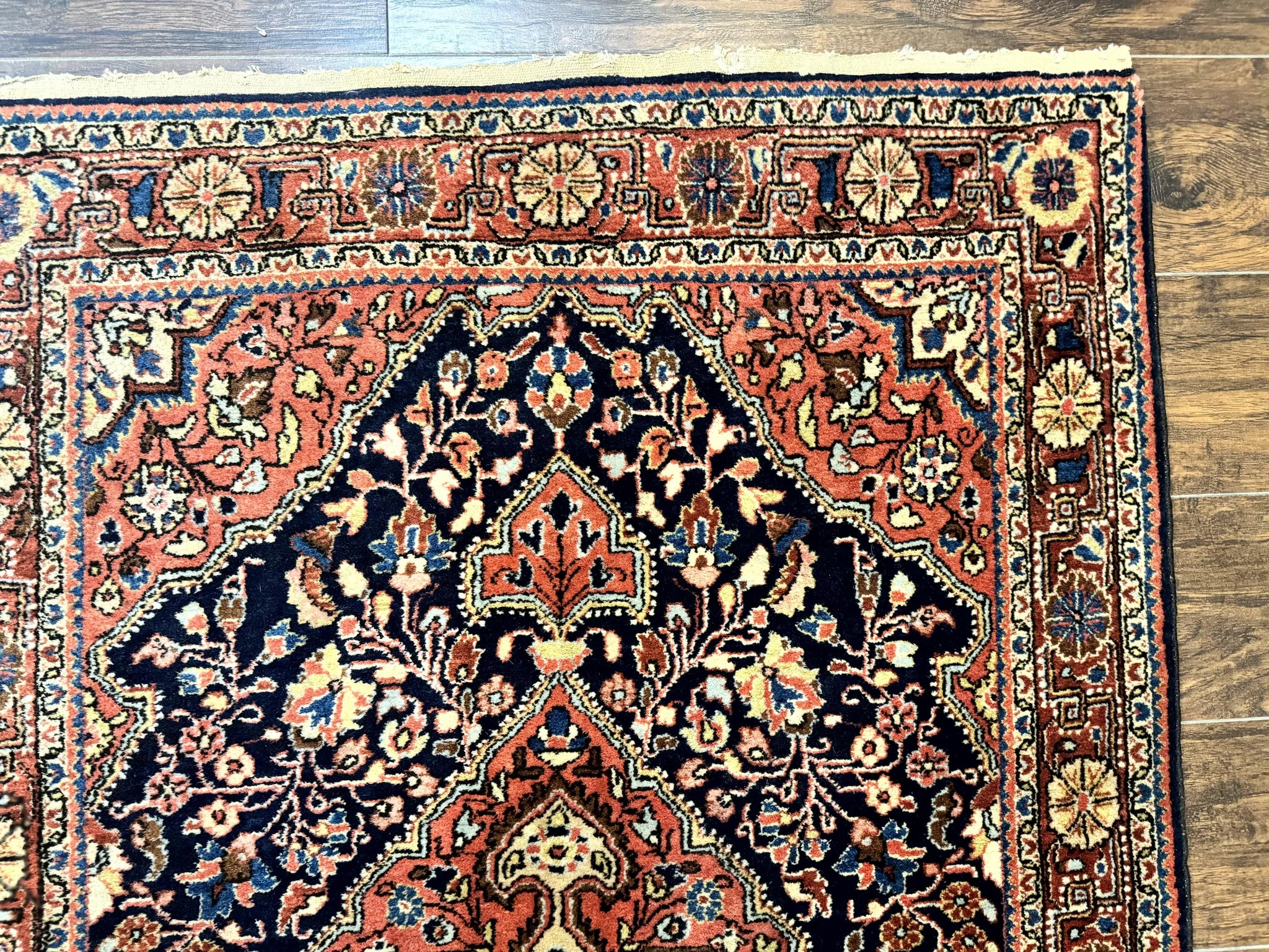 Persian Sarouk Rug 3.6 x 5, Medallion Rug, Red and Midnight Blue, Handmade Semi Antique Vintage Wool Carpet by Jewel Rugs