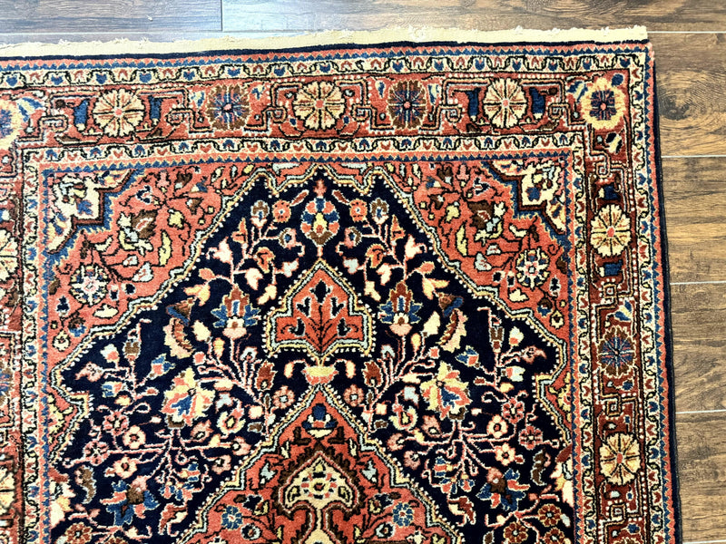 Persian Sarouk Rug 3.6 x 5, Medallion Rug, Red and Midnight Blue, Handmade Semi Antique Vintage Wool Carpet by Jewel Rugs