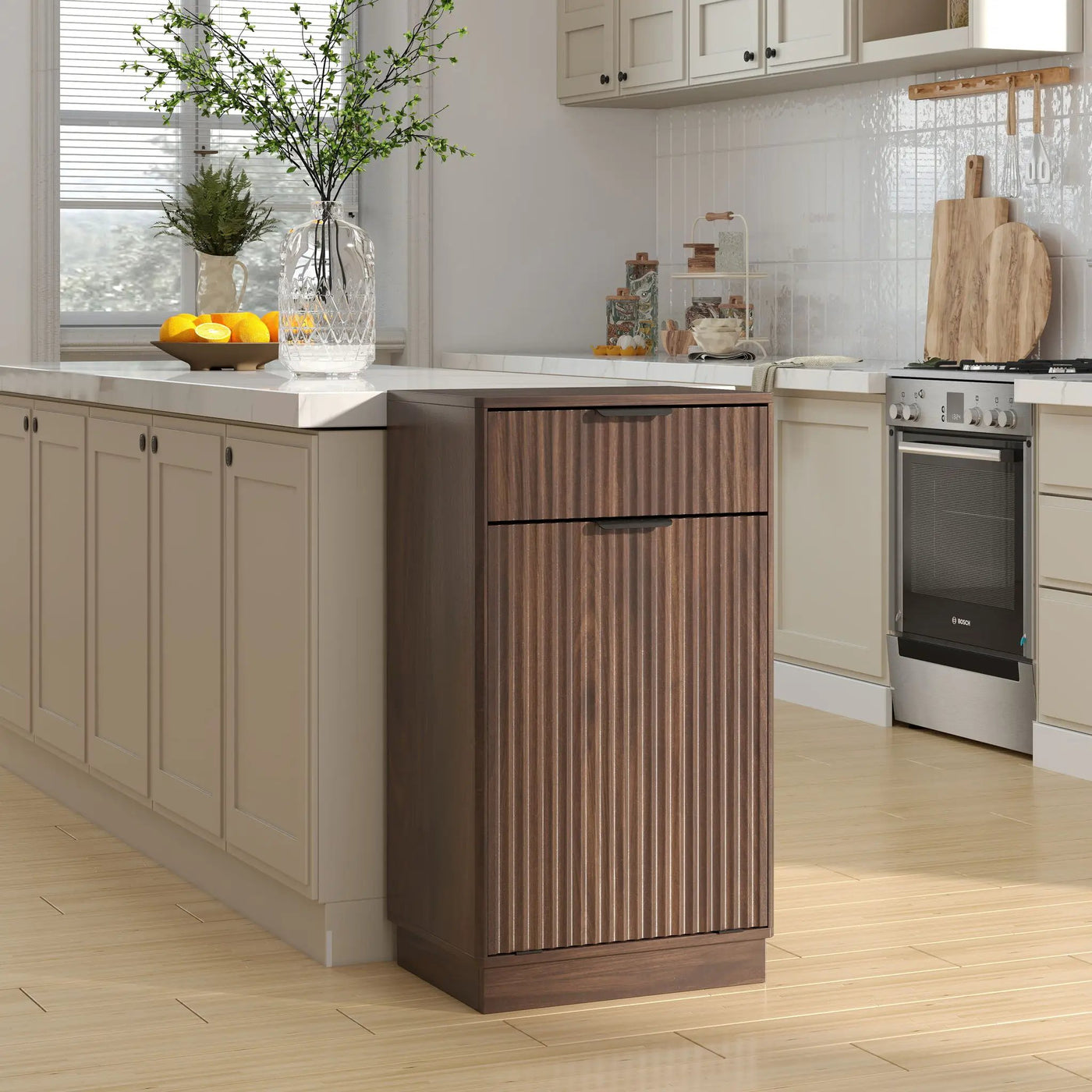 Tilt Out Trash Can Cabinet With Wave Textured Drawer & Pull Out Bin by Unique Piece Furniture