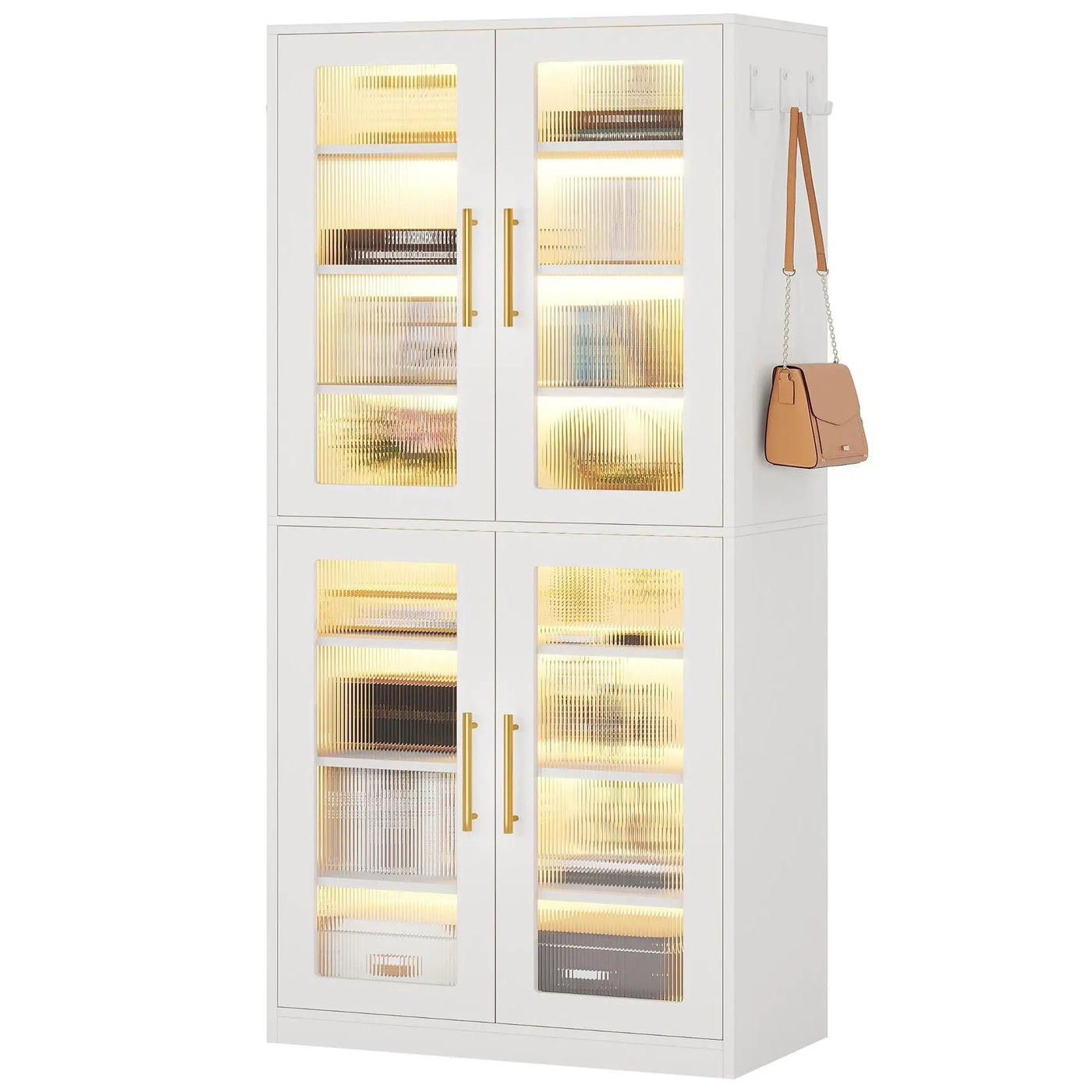 Bookcase With Doors And LED Lighting, 8 Adjustable Shelves Storage Cabinet by HouseOfZazla
