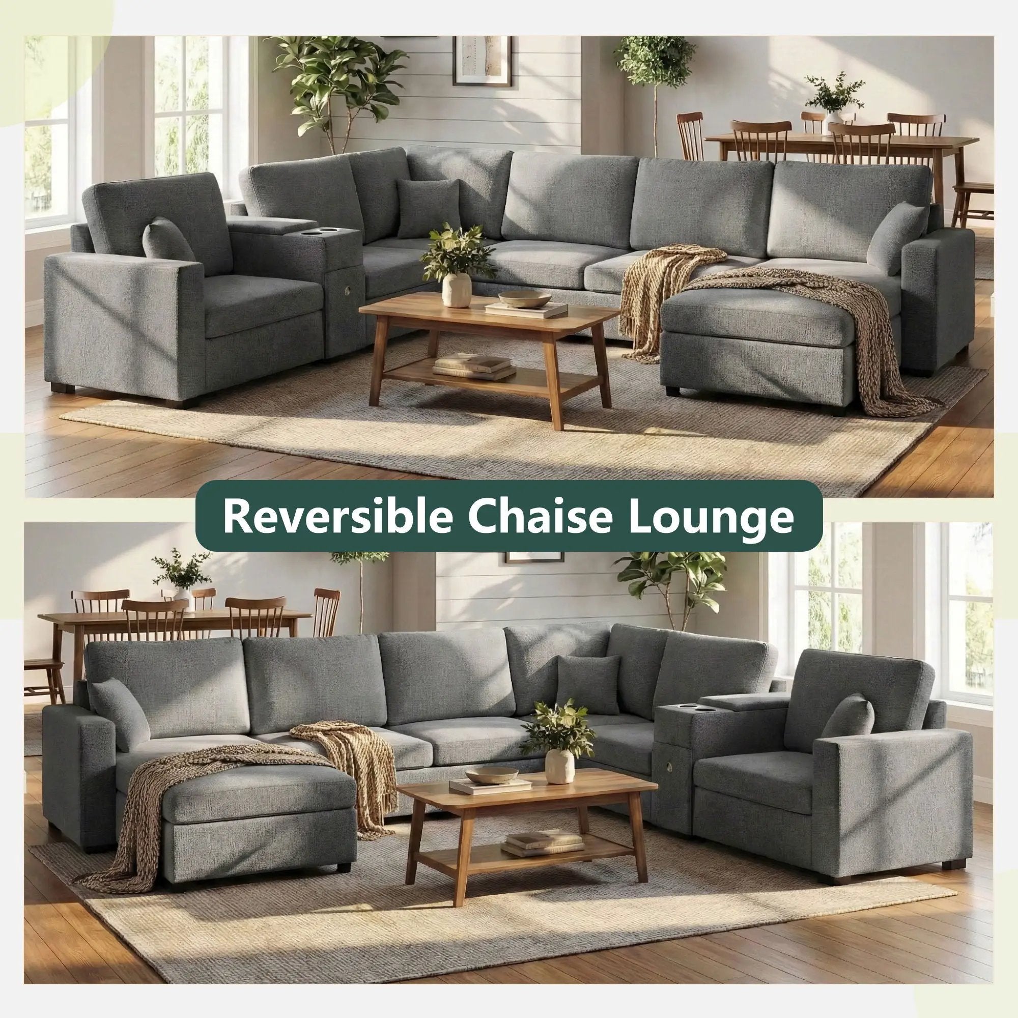 Modular 5 Seat U-Shape Sectional Sofa With Chaise Lounge, Built In Cup Holders And Storage Drawer by Unique Piece Furniture
