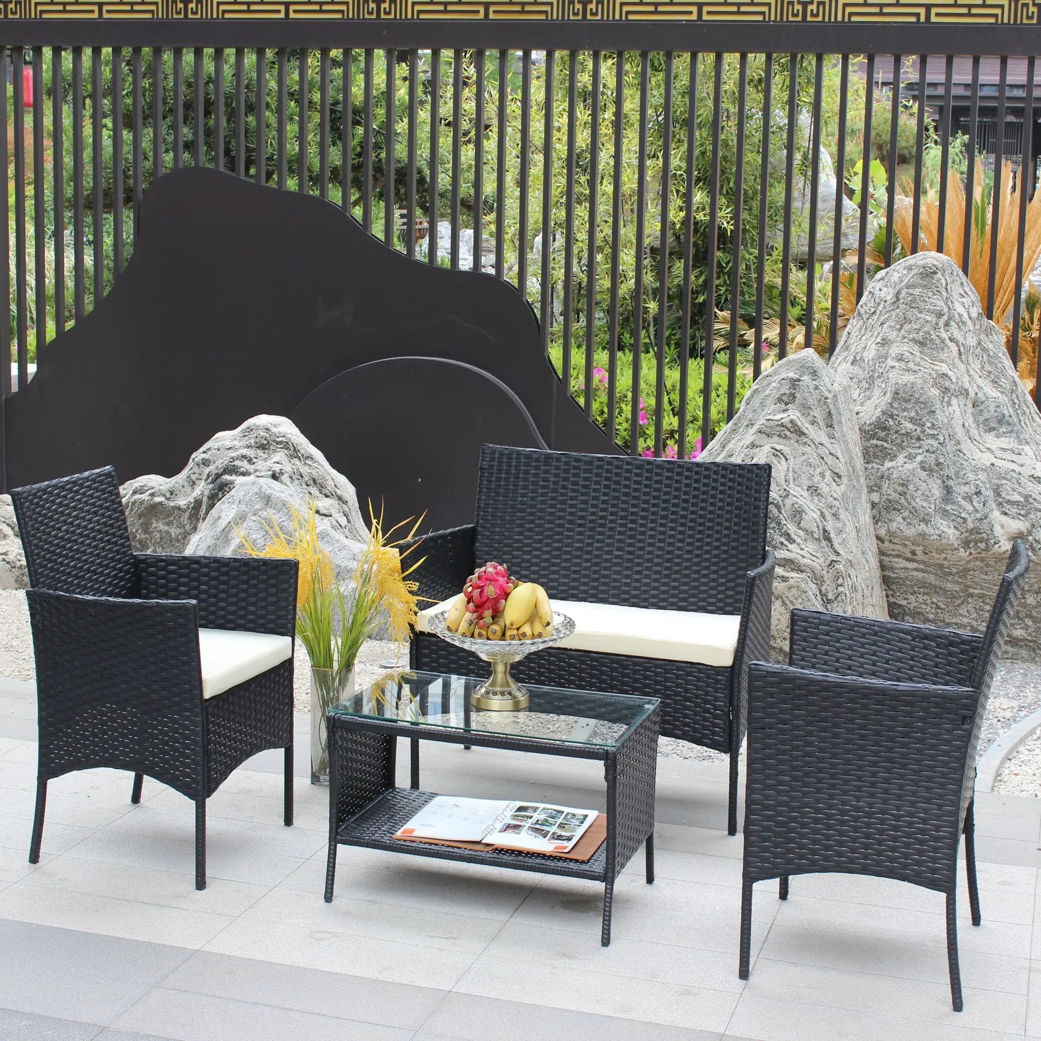 4 PC Rattan Patio Furniture Set Outdoor Cushioned Wicker Sofa by HouseOfZazla