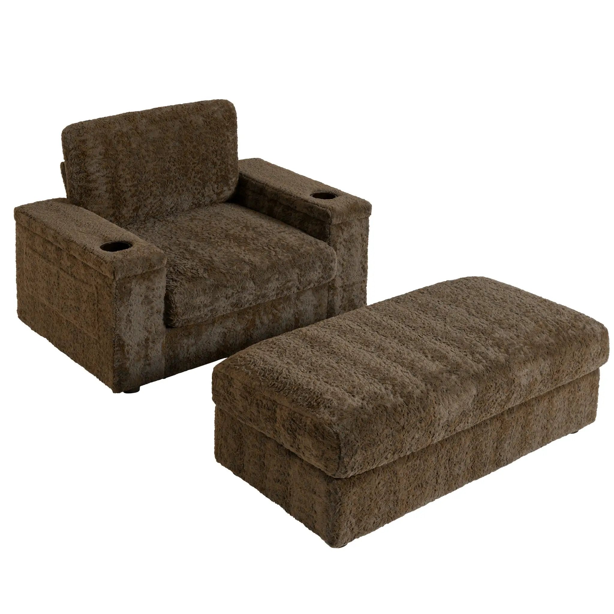 Oversized Chaise Lounge Indoor Rabbit Fur Sofa Bed With Storage Ottoman And Armrests Cup Holders With Deep Seat by Unique Piece Furniture