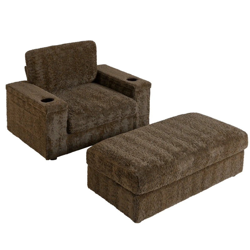 Oversized Chaise Lounge Indoor Rabbit Fur Sofa Bed With Storage Ottoman And Armrests Cup Holders With Deep Seat by HouseOfZazla