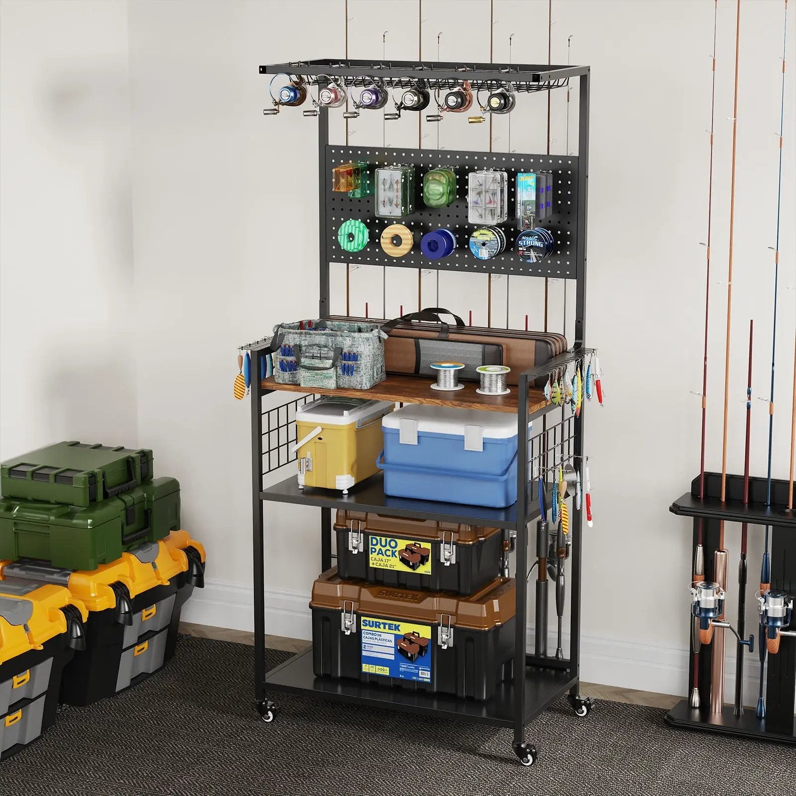 Fishing Rod Storage Rack With Pegboard, Rolling Tackle Organizer Cart - Black by HouseOfZazla