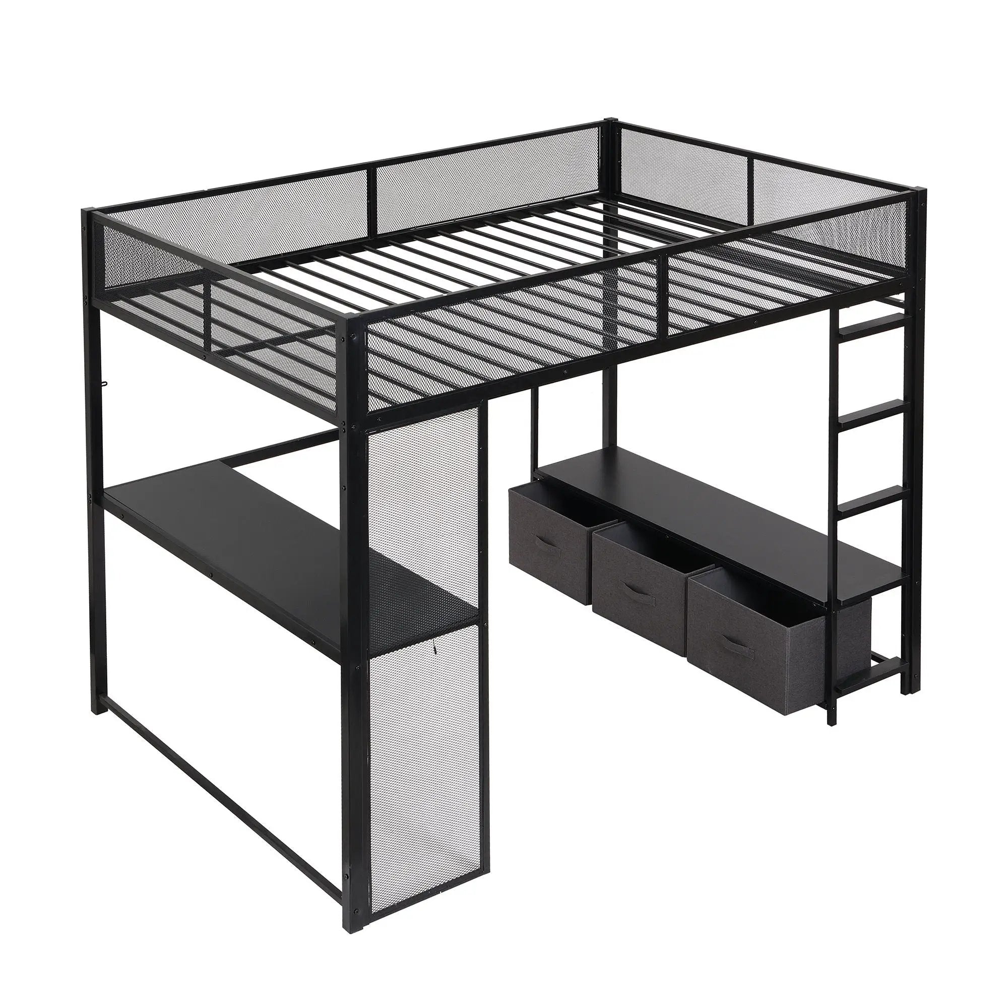 Full Size Gaming Loft Bed With LED Desk, Open Wardrobe, 3 Linen Storage Drawers - Black by HouseOfZazla