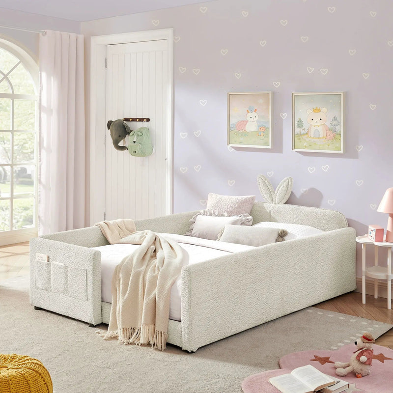 Cute Rabbit Ear Upholstered Platform Bed Frame With Safety Rail by Unique Piece Furniture