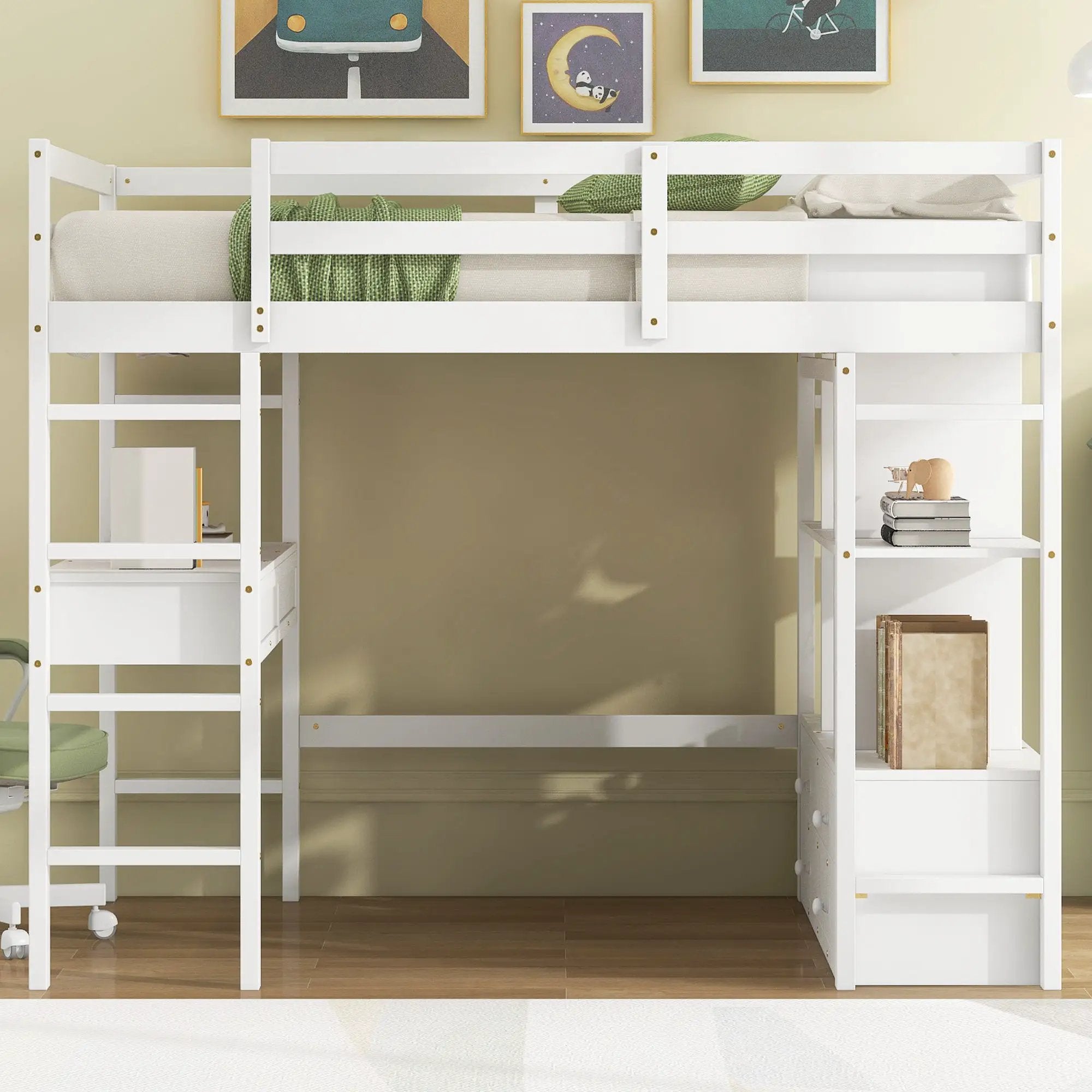 Full Size Loft Bed With Built In Desk, 2 Drawers, Storage Shelves - White by HouseOfZazla