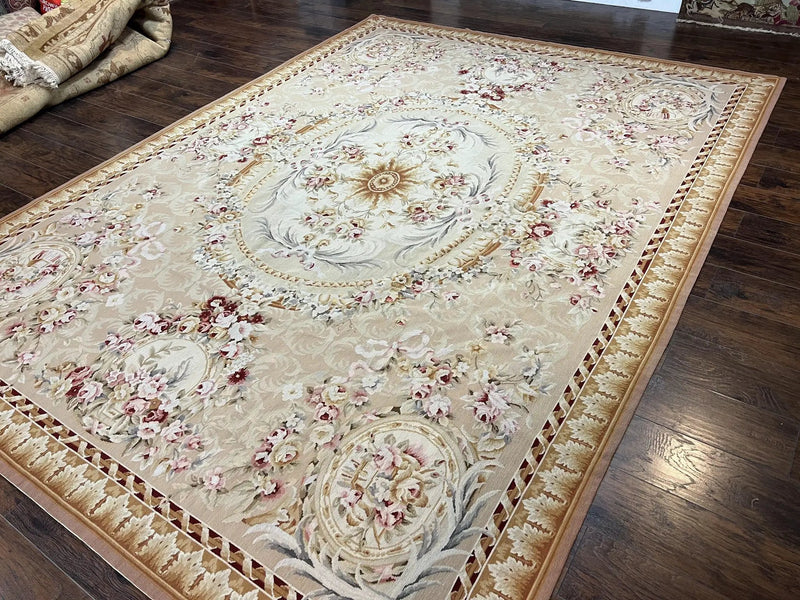Aubusson Rug 9x12, Elegant Savonnerie Carpet 9 x 12 ft, Beige Ivory Tan, Floral, Flatweave Wool Handmade Area Rug 9 x 12 ft, European French by Jewel Rugs