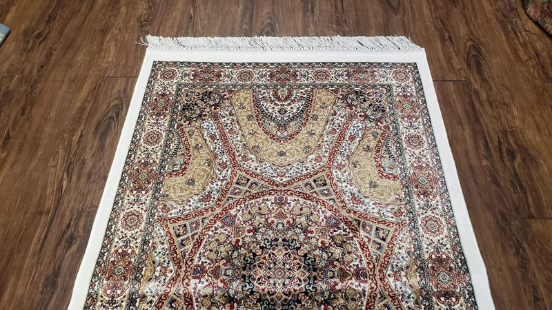 Persian Design Silk Accent Rug, Dome Medallion, Allover Pattern Oriental Carpet, Small Silk Rug, Cream, Ivory, Bamboo Silk, 2' 8" x 4' 1" by Jewel Rugs