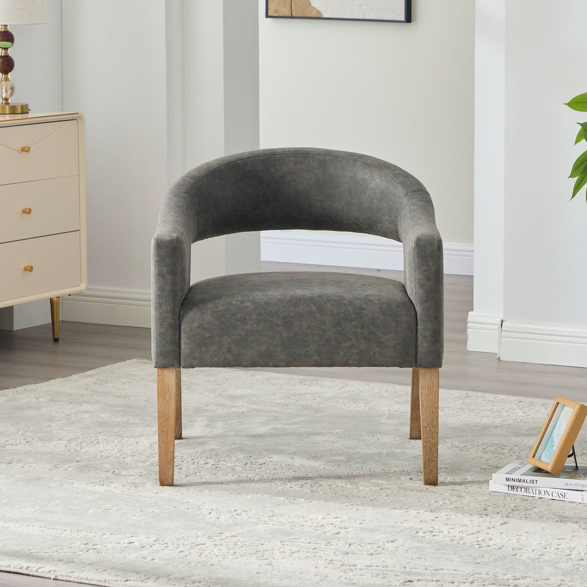 Upholstered Open Back Armchair with Weathered Rubberwood Legs - Faux Leather, photo 8 of 10