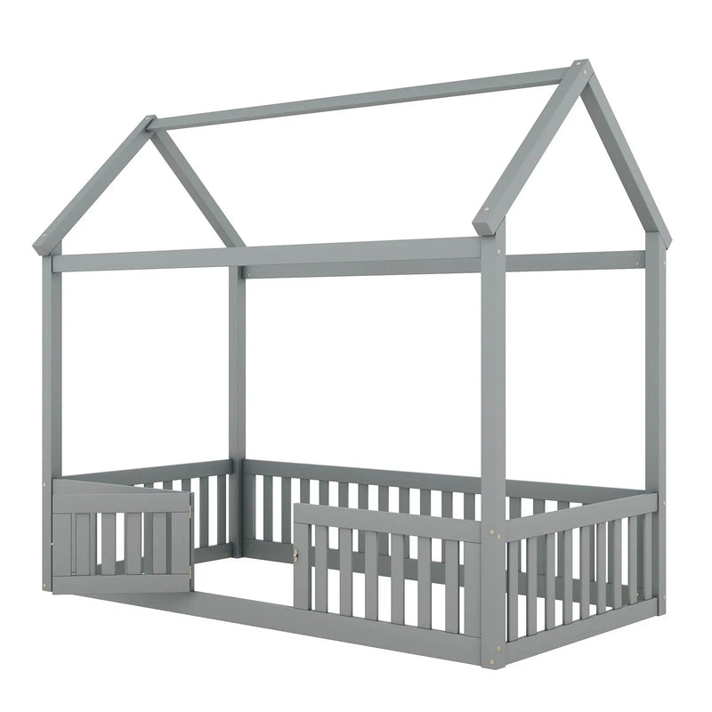 Wood House Bed With Fence And Door by HouseOfZazla