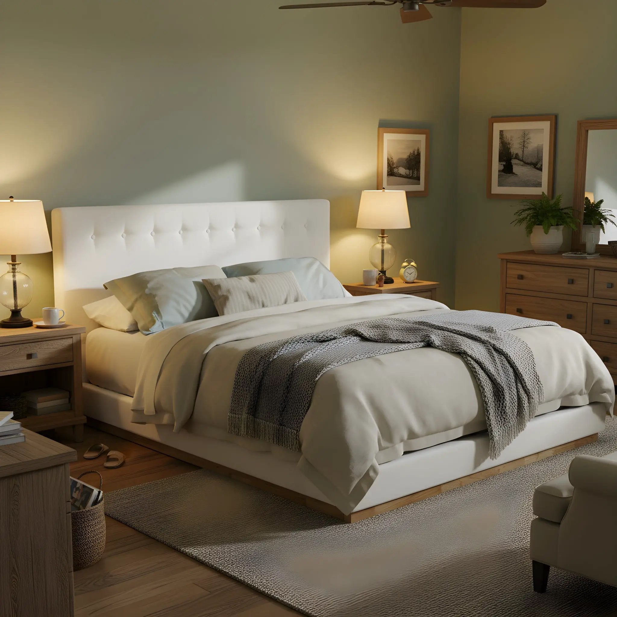 Solid Rubber Wood Platform Bed with Upholstered Headboard by HouseOfZazla